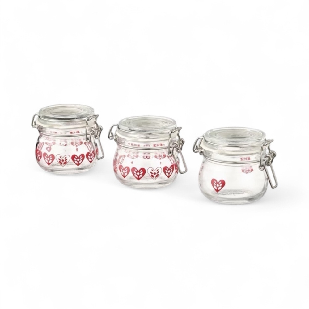 Ikea VINTERFINT Jar with lid 4oz, heart pattern, clear glass/red, (3-PACK) NEW
